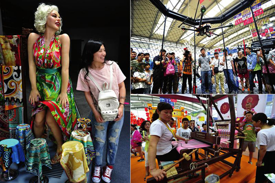 5月24日，在苏绘古纺展台上，土织布吸引了不少参观者注目。
